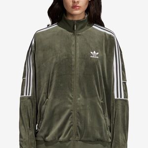 Adidas Original oversized jacket, velvet texture, dark olive green color